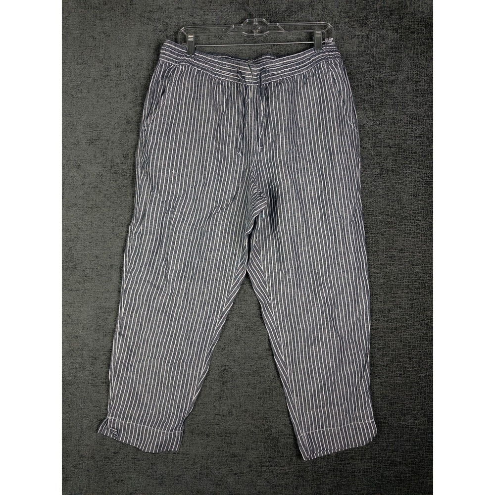 NWT LL Bean Linen Pants Womens 14P Striped Coastal Beachy Vacations Pull ON‎